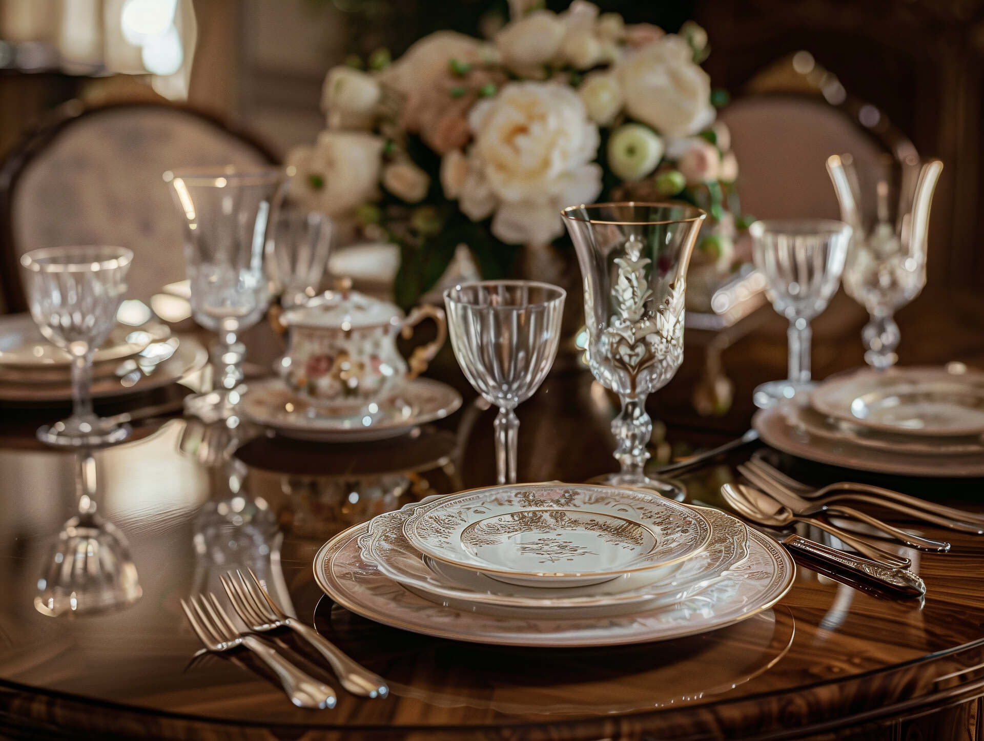 Elegant dining table set with ornate plates, crystal glasses, and silver cutlery on a polished wooden surface. A floral centerpiece with white and blush flowers adds a touch of sophistication to the setting.