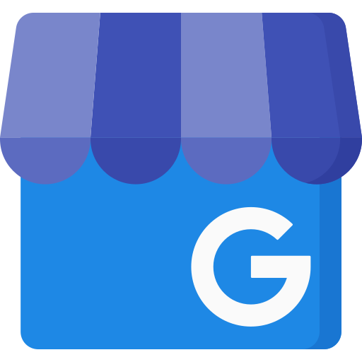 Icon of a stylized storefront with a blue awning and a blue square base featuring a white G on it.